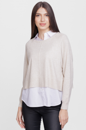 Pulovere - Bluza tip camasa doi in unu, cu angora si tricotajul bej