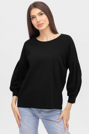 Bluze & Cămăși & Tricouri - Bluza uni cu maneca bufanta din tricot de bumbac, neagra