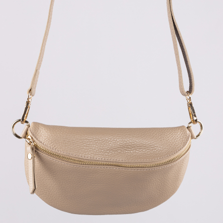 Borsete - Borseta din piele naturala cu fermoar si bareta reglabila, bej inchis