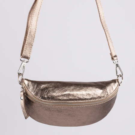 Borsete - Borseta din piele naturala cu fermoar si bareta reglabila, auriu inchis