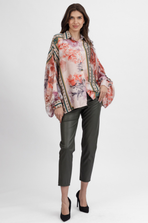 Bluze & Cămăși & Tricouri - Camasa din satin oversize, cu maneci bufante si imprimeu flori portocalii si lila pe fond bej