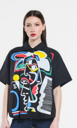 Bluze & Cămăși & Tricouri - Camasa neagra din poplin satinat de bumbac, cu imprimeu color chipuri