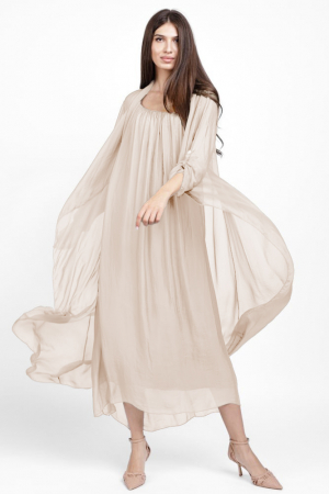 Pantaloni masuri mari - Compleu cu rochie si blazer din matase si vascoza, bej