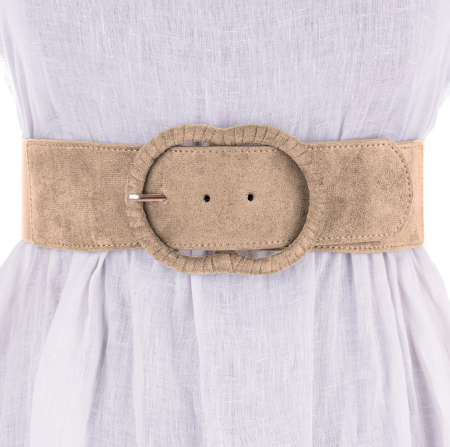 Curele & Centuri - Curea din piele intoarsa ecologica cu catarama imbracata si elastic la spate, bej