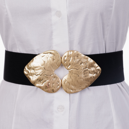 Curele & Centuri - Curea elastica neagra de 6 cm latime cu dubla catarama aurie in forma de inima