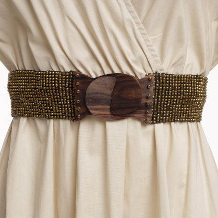 Curele & Centuri - Curea elastica cu margelute din sticla auriu metalizat, catarama din lemn natural