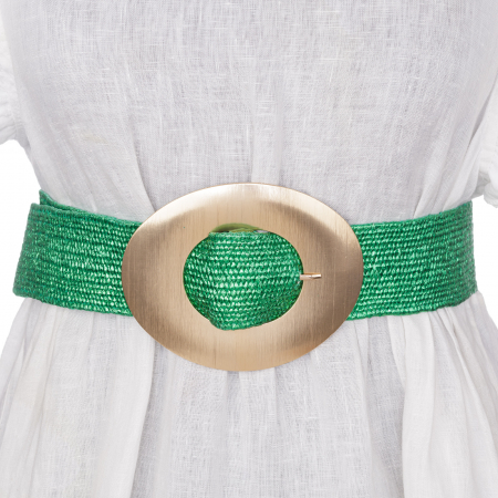 Curele & Centuri - Curea elastica verde din impletitura cu latime de 5 cm, catarama aurie