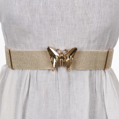 Curele & Centuri - Curea reglabila elastica aurie de 4 cm latime cu catarama fluture auriu cu sticla si metal