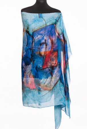 Eșarfe din Bumbac - Esarfa din bumbac cu pictura abstracta in culori intense pe fond in nuante de albastru
