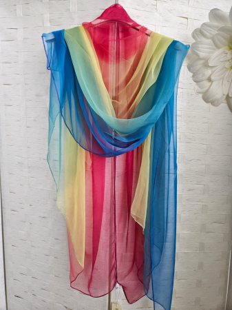 Eșarfe din Mătase - Esarfa dreptunghiulara tip pareo, cu dungi late albastru, galben si fucsia