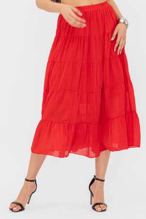 Fuste din Bumbac - Fusta cu volane, din batist de bumbac, rosie