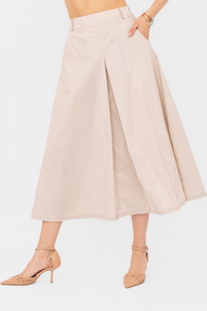 Fuste din Bumbac - Fusta lunga din poplin de bumbac satinat cu pliu vertical, bej