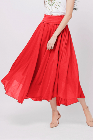 Fuste din Bumbac - Fusta lunga rosie, ampla, clos, din batist de bumbac