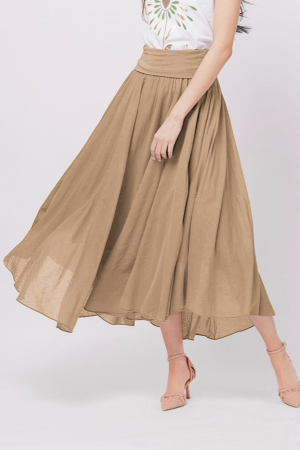 Fuste din Bumbac - Fusta lunga camel, ampla, clos, din batist de bumbac