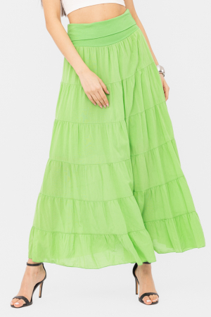 Fuste din Bumbac - Fusta maxi verde deschis, ampla, cu volane, din batist de bumbac