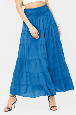 Fuste din Bumbac - Fusta maxi, ampla, cu volane, din batist de bumbac, albastru