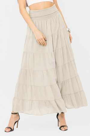 Fuste din Bumbac - Fusta maxi, ampla, cu volane, din batist de bumbac, bej