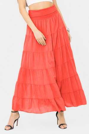 Fuste din Bumbac - Fusta maxi, ampla, cu volane, din batist de bumbac, corai
