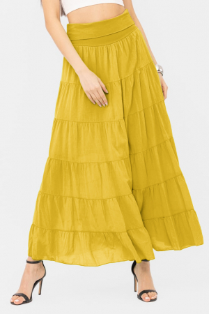 Fuste din Bumbac - Fusta maxi, ampla, cu volane, din batist de bumbac, galbena