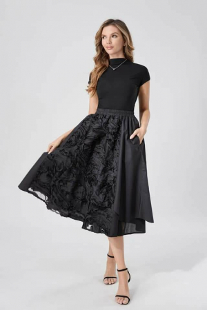 Fuste Casual - Fusta neagra din bumbac satinat cu aplicatii si falduri