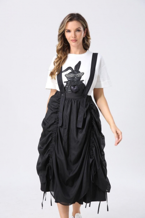 Fuste Casual - Fusta neagra drapata din bumbac cu suprapunere satinata, cu bretele