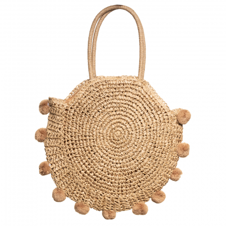 Genti Impletite - Geanta circulara mare impletita, cu ciucuri mari textili decorativi, bej inchis