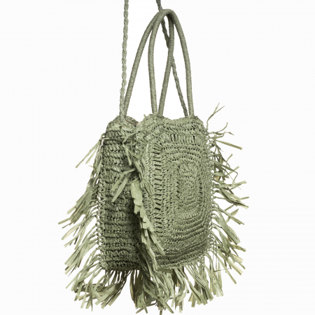 Geanta crossbody patrata mare, impletita cu franjuri mari decorative, verde prafuit [1]