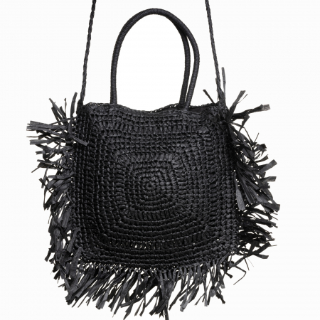 Genti Impletite - Geanta crossbody patrata mare, impletita cu franjuri mari decorative, neagra