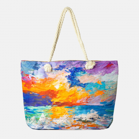 Genți din Material Textil - Geanta de plaja din material textil, cu imprimeu dupa o pictura pastel cu tuse de culoare