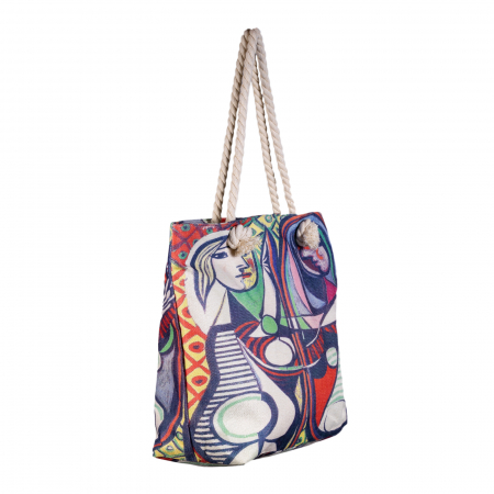 Geanta de plaja din material textil, cu imprimeu inspirat din pictura "Girl Before a Mirror" a lui Pablo Picasso [1]