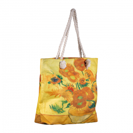 Geanta de plaja din material textil, cu imprimeu inspirat din pictura "Floarea Soarelui" a lui Vincent Van Gogh [1]