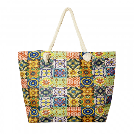 Genți din Material Textil - Geanta de plaja din material textil, cu imprimeu model marocan in culori vibrante