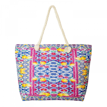 Genți din Material Textil - Geanta de plaja din material textil, cu model mediteranean cu lamai pe alb si fucsia