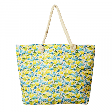 Genți din Material Textil - Geanta de plaja din material textil, cu model mediteranean cu lamai si fluturi