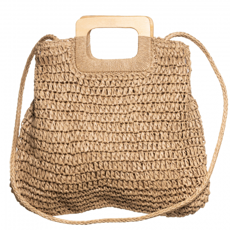 Genti Impletite - Geanta impletita crossbody, cu manere late din lemn, bej inchis