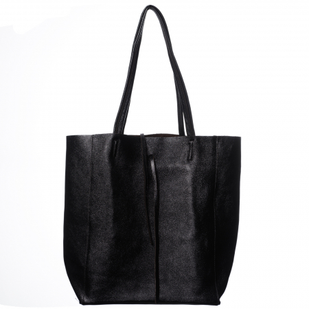 Genți din Piele Naturală - Geanta shopper din piele naturala, negru metalizat