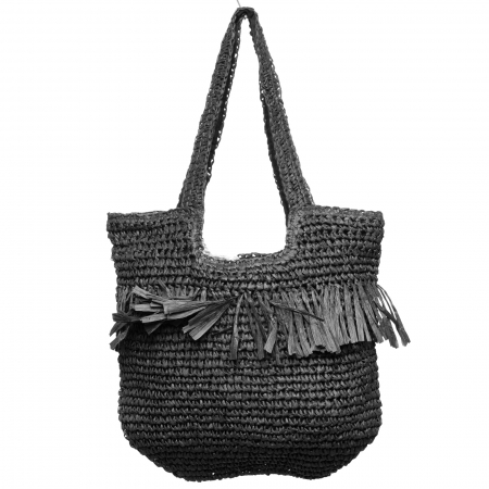 Genti Impletite - Geanta shopper impletita cu manere late si franjuri, neagra