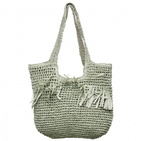 Genti Impletite - Geanta shopper impletita cu manere late si franjuri, verde prafuit