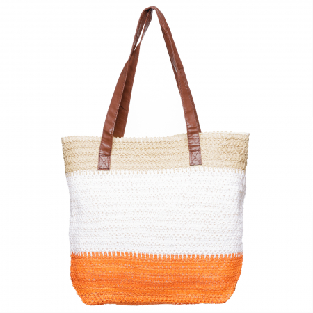 Genti Impletite - Geanta shopper tricolora impletita, portocaliu, bej si alb