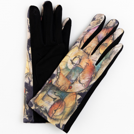 Mănuși - Manusi dama imprimeu pictural abstract pe fond negru, material catifelat