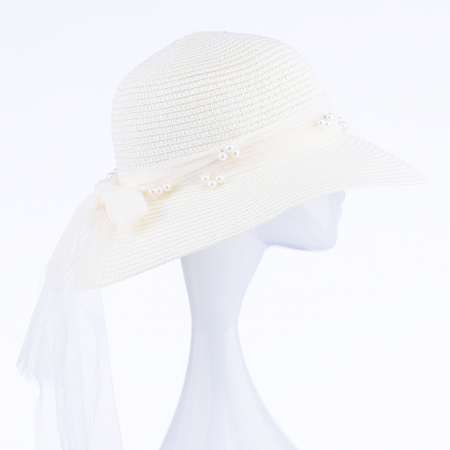 Pălarii - Palarie de paie impletita cu decoratiune funda cu perle fine, ivoire