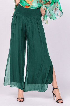 Pantaloni din Mătase si Vâscoză - Pantaloni verde inchis din matase naturala cu crapaturi laterale