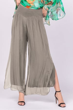 Pantaloni din Mătase si Vâscoză - Pantaloni bej inchis din matase naturala cu crapaturi laterale