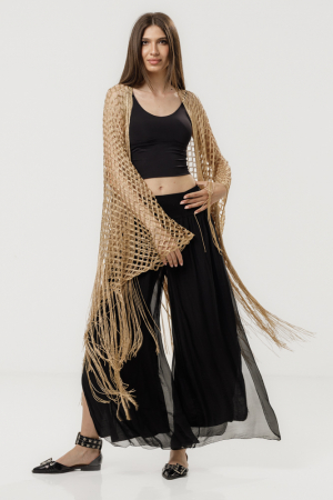 Rochii de Plajă tip Poncho - Poncho bej din plasa cu fir argintiu si franjuri lungi