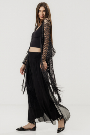 Rochii de Plajă tip Poncho - Poncho negru din plasa cu fir metalizat si franjuri lungi
