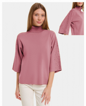 Pulovere - Pulover cu pietricele argintii, cu guler inalt si maneca 3/4, din tricotaj fin, roz inchis