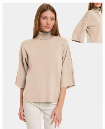 Pulovere - Pulover cu pietricele argintii, cu guler inalt si maneca 3/4, din tricotaj fin, bej