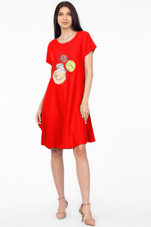 Rochii din In - Rochie `A line` rosie din in mercerizat, cu imprimeu grafic chip