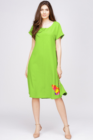 Rochii din In - Rochie `A line` din in mercerizat verde lime, cu imprimeu fluture stilizat