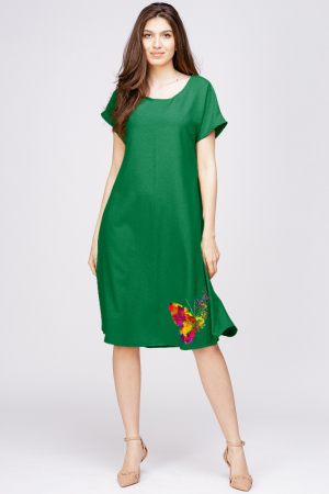 Rochii din In - Rochie `A line` din in mercerizat verde, cu imprimeu fluture stilizat